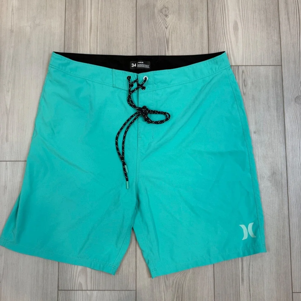 Hurley Mens Board Shorts Size 34 Teal Green Surf Swim Trunks Solid Beachwear